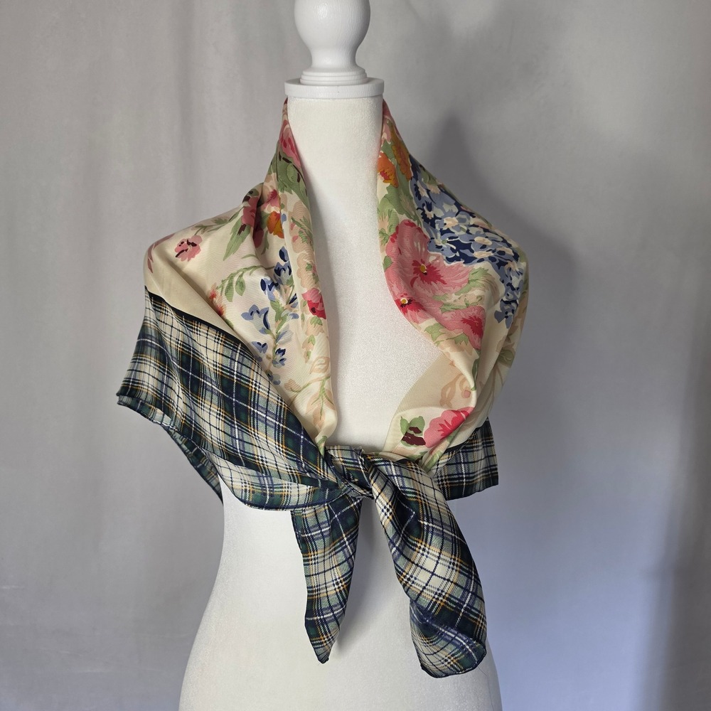 Ralph Lauren Silk Square Scarf Floral Plaid Tartan whimsical old school - Picture 2 of 7